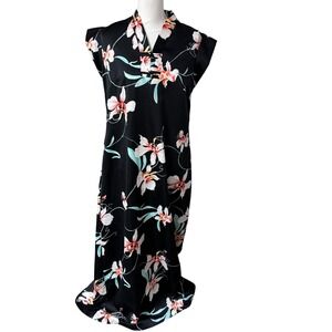 Vintage 90s Hawaiian Orchid Maxi Dress – Black Tropical Mandarin Collar Caftan L